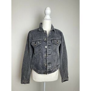 Mia and Madison Jeans Jacket Sz S Black Acid Wash Y2k Distressed Fitted Cropped
